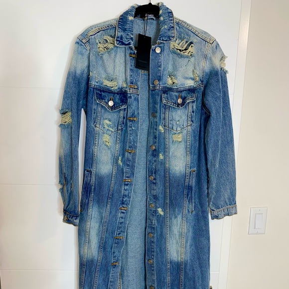Long Distressed Denim Jacket - Picture 1 of 2